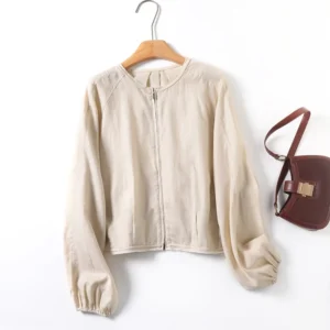 Women Linen Casual Pilot Jacket Long Sleeve Zipper Short Loose Coat