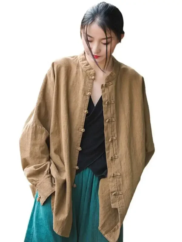 Cotton Linen Loose Coat Stand Collar Long Sleeves Summer Autumn - Image 5