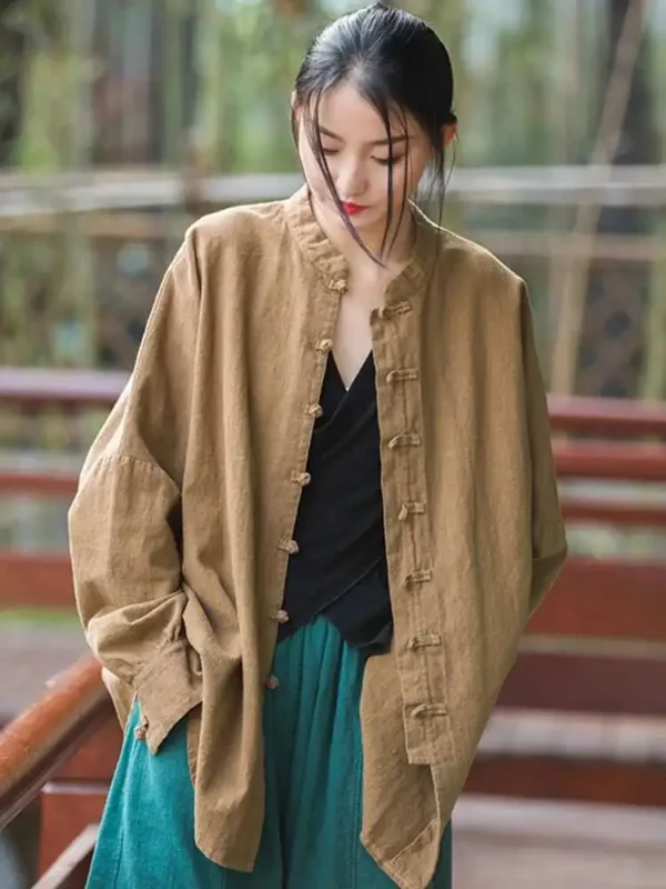 Cotton Linen Loose Coat Stand Collar Long Sleeves Summer Autumn - Image 2