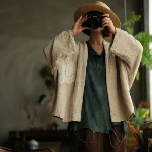 Vintage Embroidered Cotton Linen Cardigan Women Loose Jacket Outwear