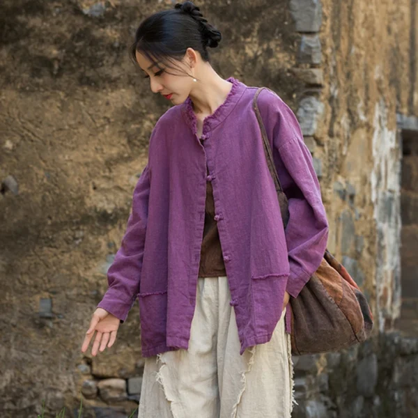 Women’s Long Sleeve Cotton Linen Jacket Vintage Stand Collar Casual - Image 5