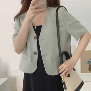 Fresh Cotton Linen Short Sleeve Airy Korean Style Summer Suit Top