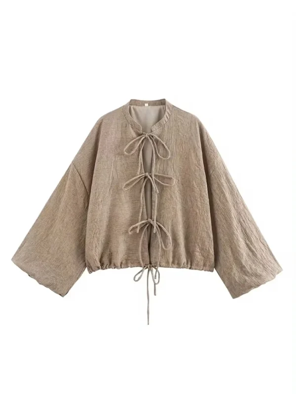 Vintage Cotton Linen Bow Tie Cardigan Jacket For Women Fashion - Image 2