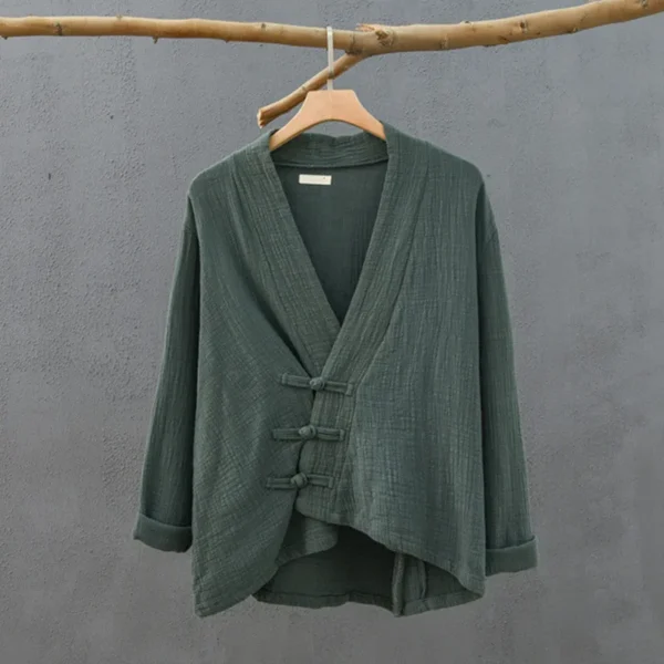 Women Cotton Linen Cardigan Vintage Oversize Irregular Button Spring Coat - Image 3