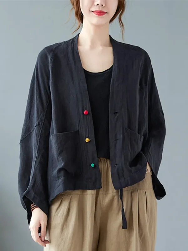 Women’s Long Sleeve Cotton Linen Jacket Vintage Loose Comfortable Coat - Image 5