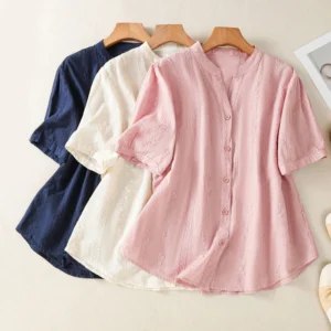Cotton Embroidered V-Neck Korean Style Elegant Summer Women’s Blouse