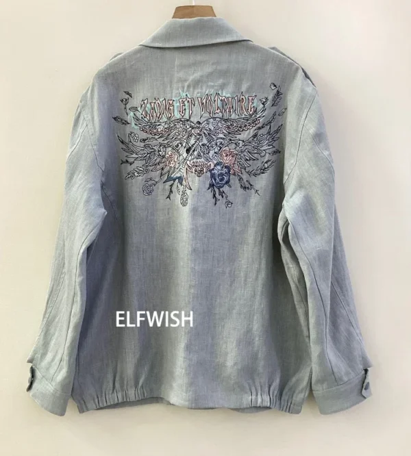 Women's Spring Summer Linen Embroidered Jacket With Pockets Long Sleeves