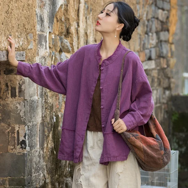 Women’s Long Sleeve Cotton Linen Jacket Vintage Stand Collar Casual - Image 6