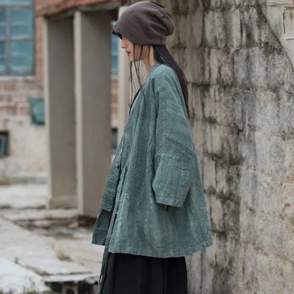 Women’s Cotton Linen Jacket Vintage Loose V-Neck Autumn Coat - Image 6