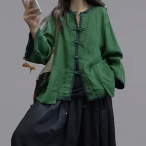 High-End Linen Patchwork Short Coat Women Vintage Spring Top