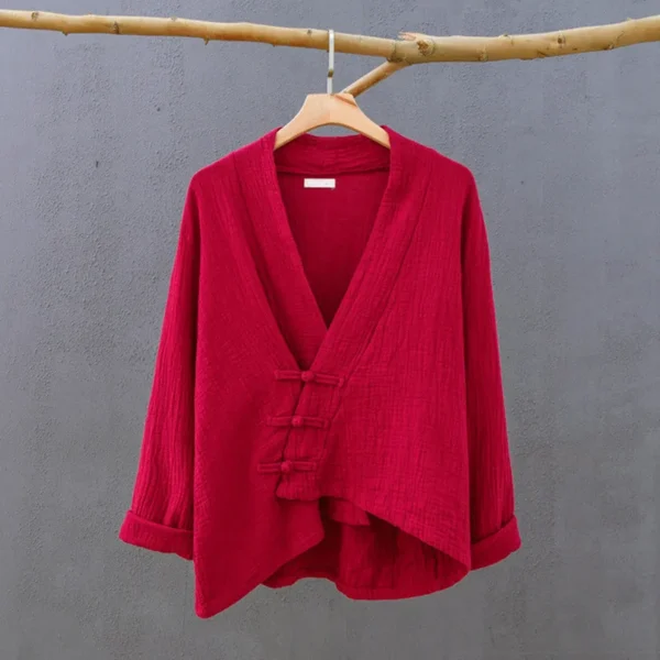 Women Cotton Linen Cardigan Vintage Oversize Irregular Button Spring Coat - Image 2