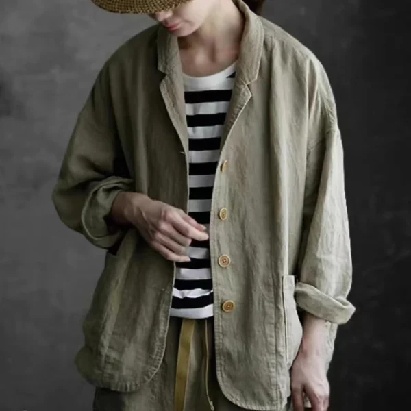 Vintage Linen Jacket Women Loose Casual Button Pocket Coat Spring - Image 2