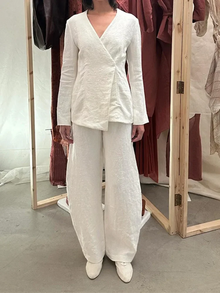 100% Linen Women's Jacket And Pants Set With Covered Buttons - Image 5