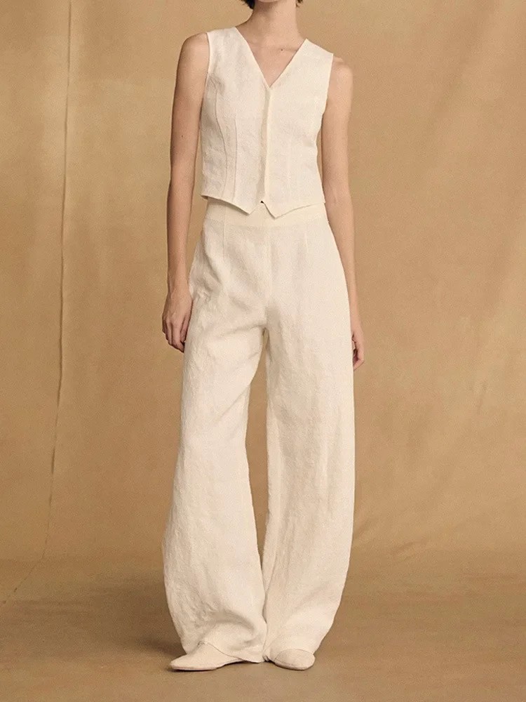 100% Linen Women's Jacket And Pants Set With Covered Buttons - Image 6