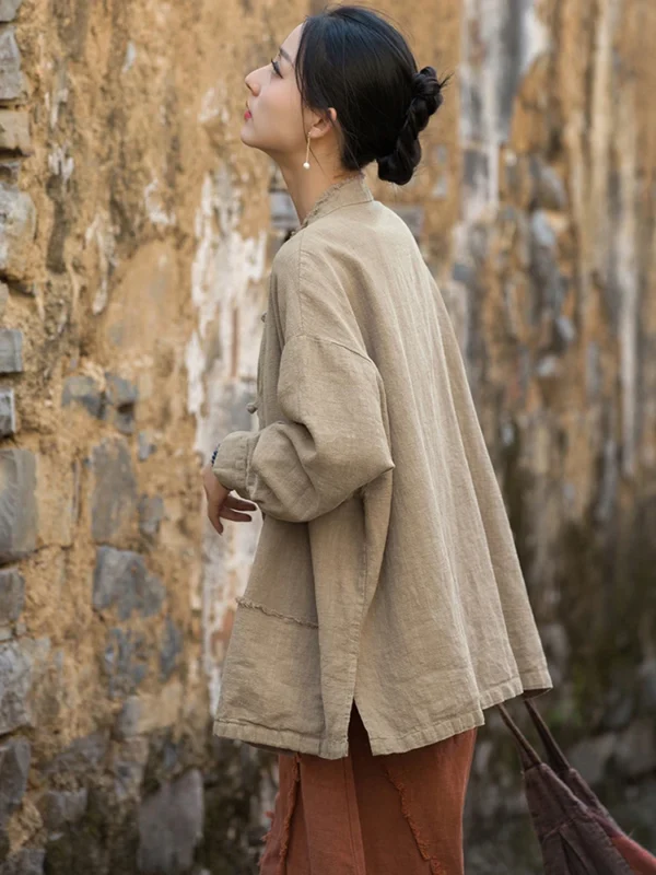 Women’s Long Sleeve Cotton Linen Jacket Vintage Stand Collar Casual - Image 2