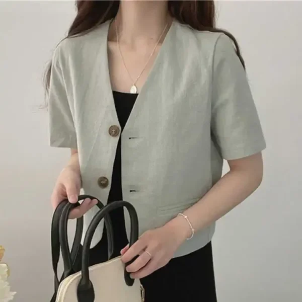 Fresh Cotton Linen Short Sleeve Airy Korean Style Summer Suit Top - Image 3