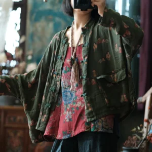 2025 Spring Autumn Casual Floral Cotton Linen Loose Women's Jacket