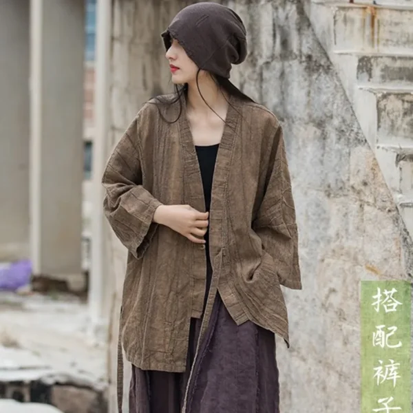 Women’s Cotton Linen Jacket Vintage Loose V-Neck Autumn Coat - Image 3