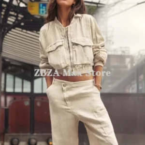 Women’s Linen Pilot Jacket Short Zipper Pocket Long Sleeve Coat
