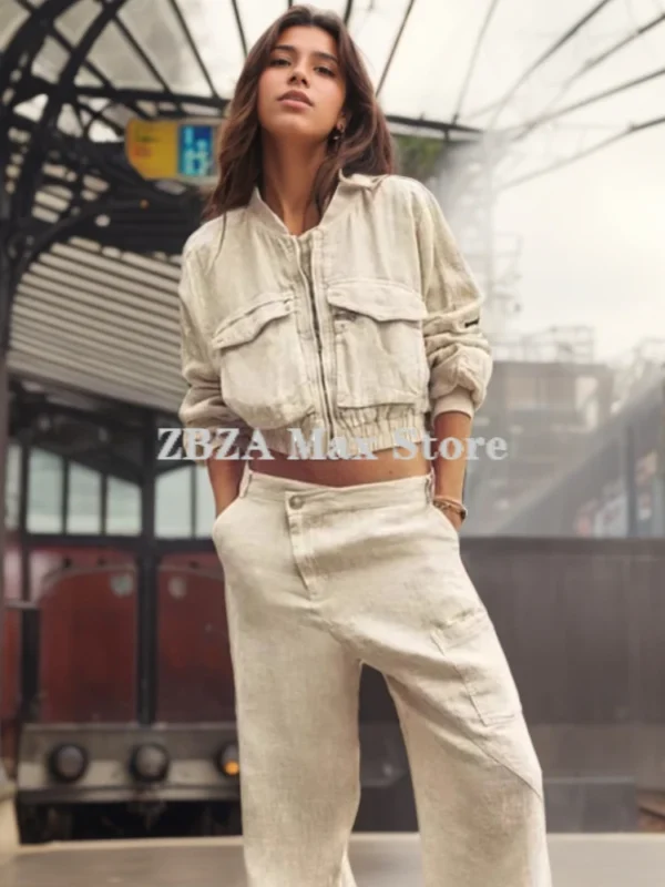 Women’s Linen Pilot Jacket Short Zipper Pocket Long Sleeve Coat