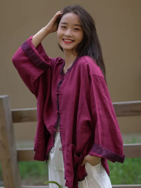 High-End Linen Patchwork Short Coat Women Vintage Spring Top - Image 2