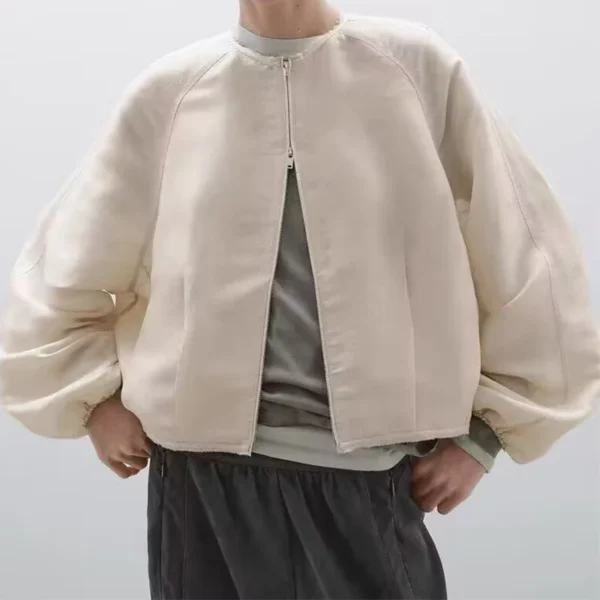 Women Linen Casual Pilot Jacket Long Sleeve Zipper Short Loose Coat - Image 3