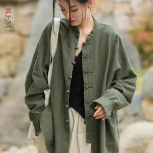 Cotton Linen Loose Coat Stand Collar Long Sleeves Summer Autumn