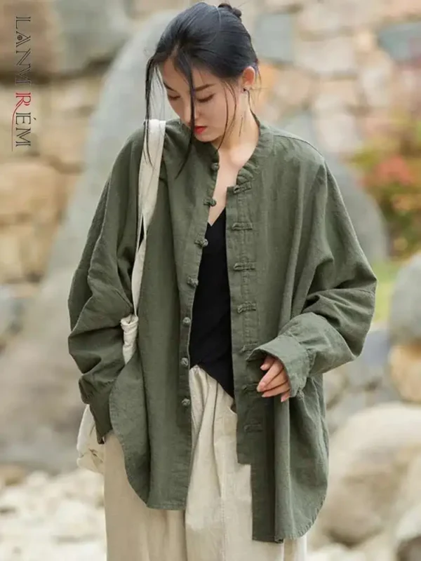 Cotton Linen Loose Coat Stand Collar Long Sleeves Summer Autumn
