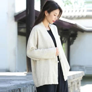 Chinese Style Cotton Linen Jacket Women Vintage Loose Casual Coat