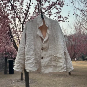 Women Vintage Ramie Cotton Linen Double Layer Short Blazer Jacket