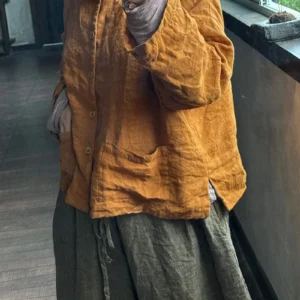Women Loose Linen Vintage Jacket Ladies Spring Autumn Coat Female Flax Tops