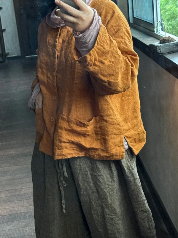 Women Loose Linen Vintage Jacket Ladies Spring Autumn Coat Female Flax Tops