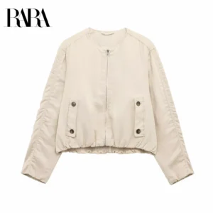 Womens Linen Blend Bomber Jacket Round Neck Stylish Outerwear
