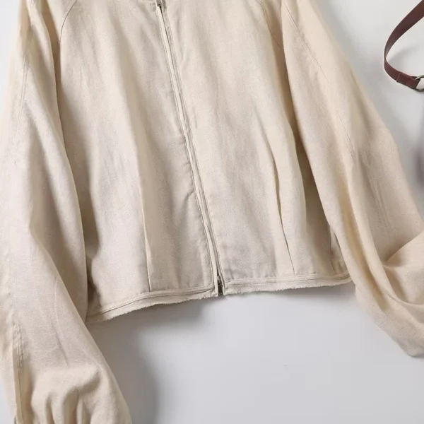 Women Linen Casual Pilot Jacket Long Sleeve Zipper Short Loose Coat - Image 5