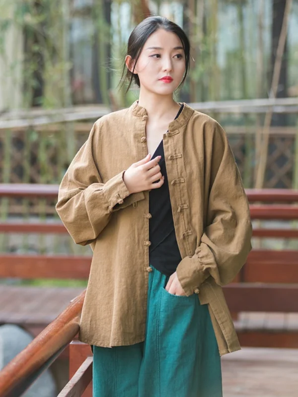 Cotton Linen Loose Coat Stand Collar Long Sleeves Summer Autumn - Image 4