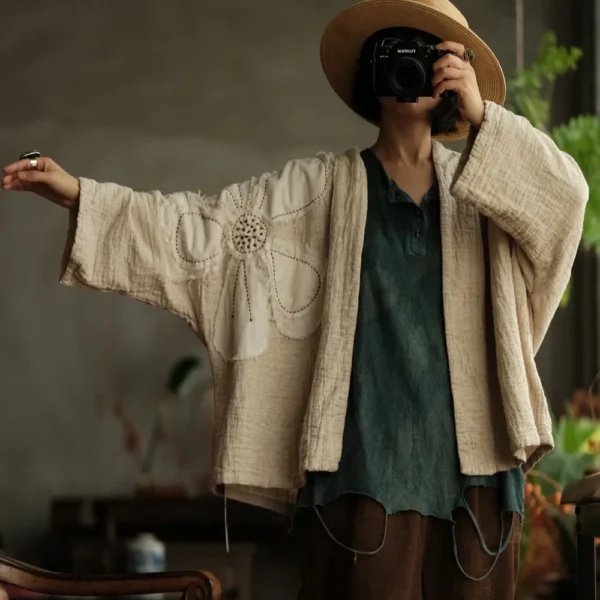 Vintage Embroidered Cotton Linen Cardigan Women Loose Jacket Outwear - Image 2