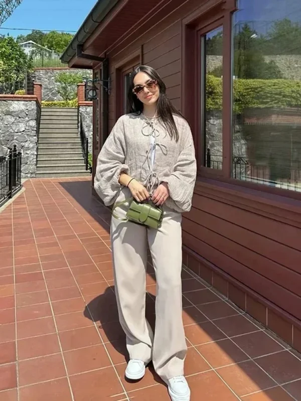 Vintage Cotton Linen Bow Tie Cardigan Jacket For Women Fashion - Image 3