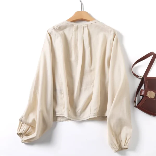 Women Linen Casual Pilot Jacket Long Sleeve Zipper Short Loose Coat - Image 2