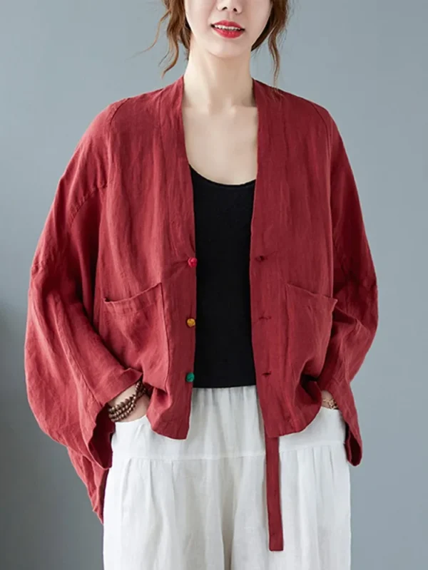 Women’s Long Sleeve Cotton Linen Jacket Vintage Loose Comfortable Coat - Image 3