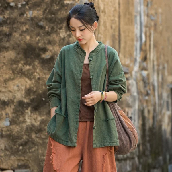 Women’s Long Sleeve Cotton Linen Jacket Vintage Stand Collar Casual - Image 3