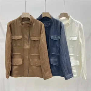 High Quality Women’s Linen Mid-Length Stand-Up Collar Workwear Jacket