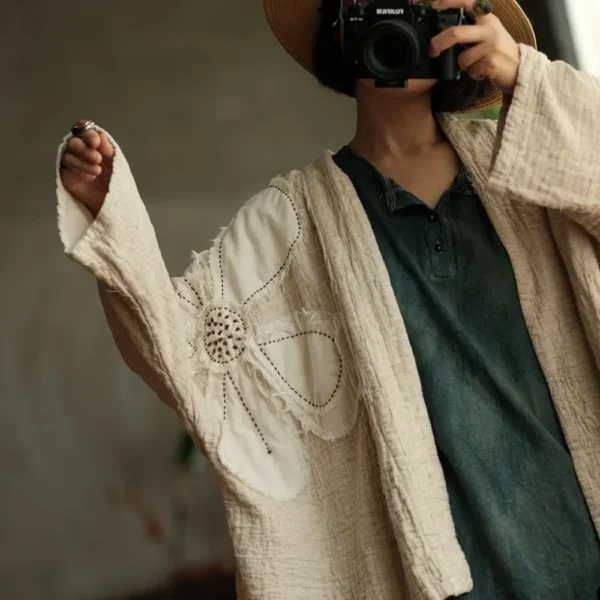 Vintage Embroidered Cotton Linen Cardigan Women Loose Jacket Outwear - Image 5