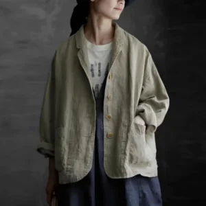 Vintage Linen Jacket Women Loose Casual Button Pocket Coat Spring