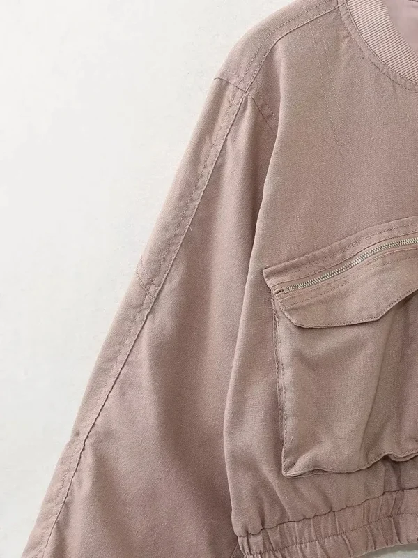 Women’s Linen Pilot Jacket Short Bomber Coat Long Sleeve Fall - Image 2