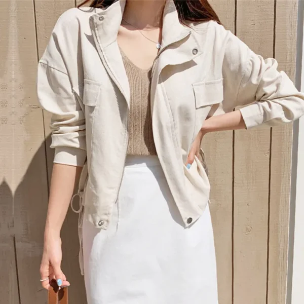 Cotton Linen Women's Cargo Jacket With Pockets Casual Outwear Coat - Image 2
