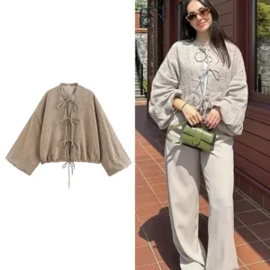 Vintage Cotton Linen Bow Tie Cardigan Jacket For Women Fashion