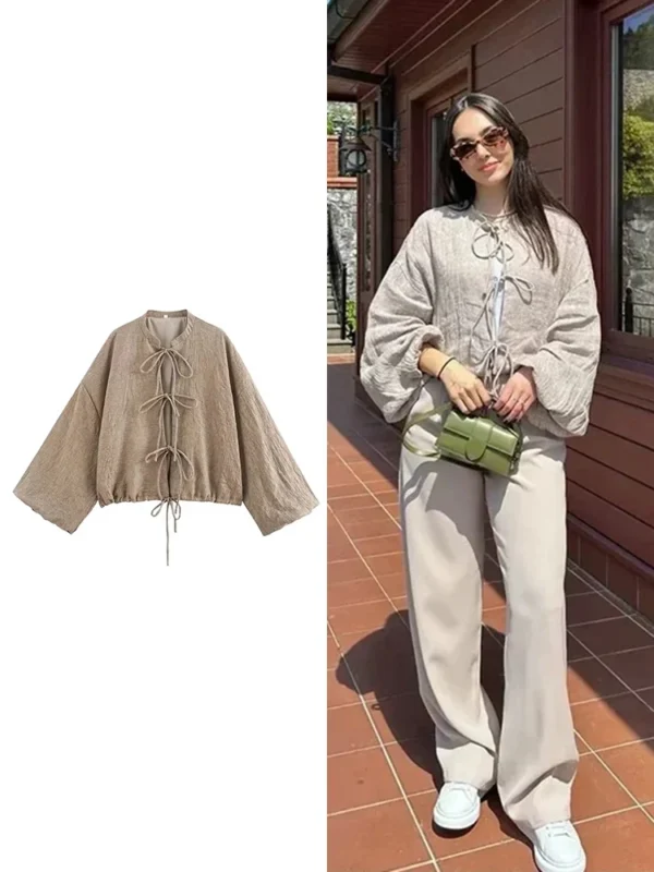 Vintage Cotton Linen Bow Tie Cardigan Jacket For Women Fashion