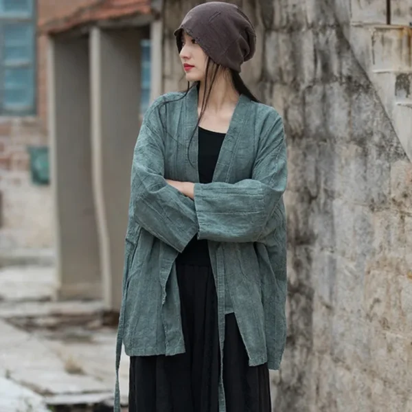 Women’s Cotton Linen Jacket Vintage Loose V-Neck Autumn Coat - Image 5