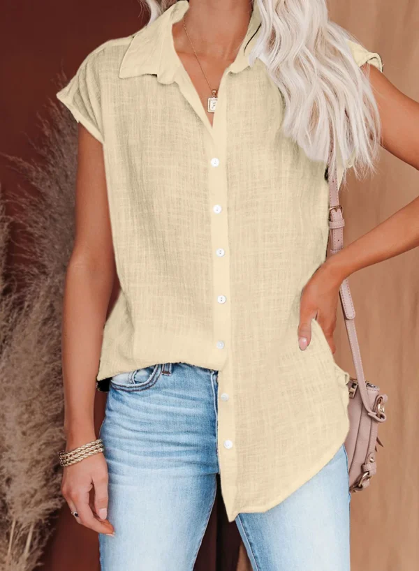 Summer Women’s Cotton Linen Loose Short Sleeve Solid Color Blouse - Image 2
