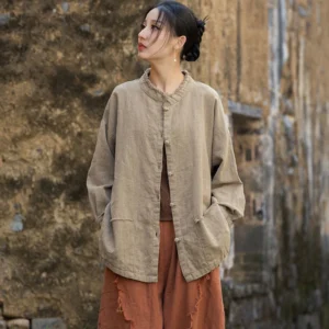 Women’s Long Sleeve Cotton Linen Jacket Vintage Stand Collar Casual